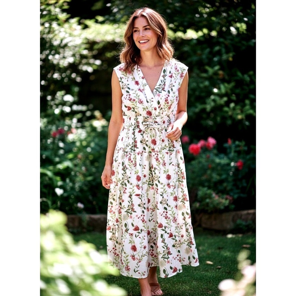 Sleeveless White Floral Wrap Maxi Dress with Pink & Green Print